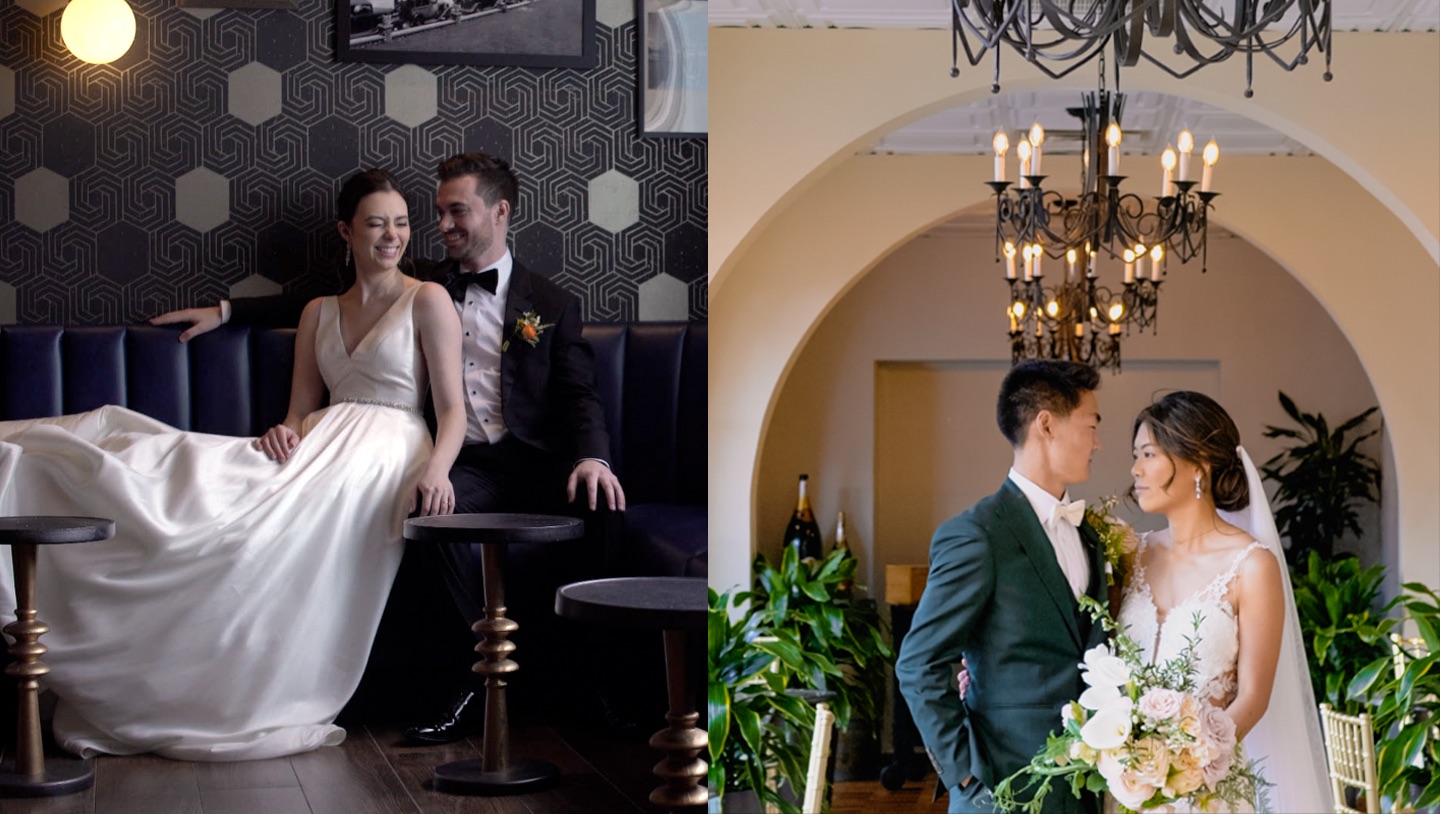 Two side-by-side images of different couples on their wedding day, in different locations of the same venue.